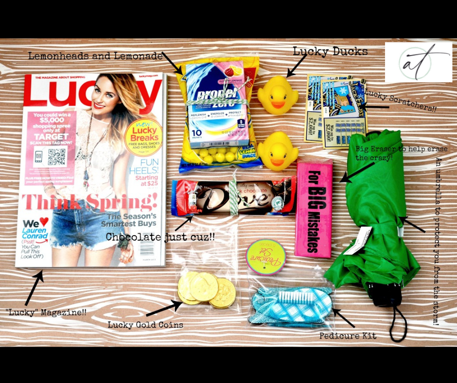 A photo of all the items that should be added to your st patricks day gift basket - bucket of luck! 