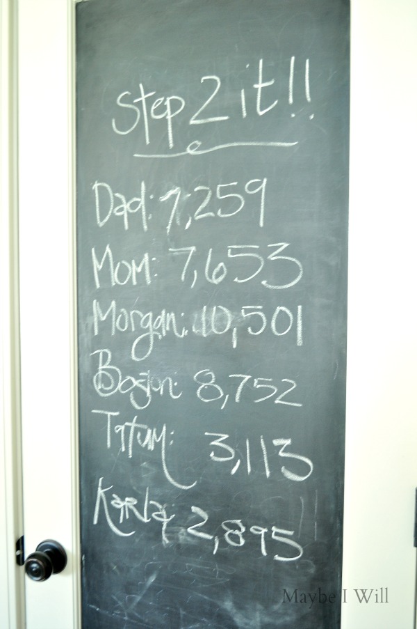 Chalk board door with family's daily step totals for the Step 2 It Daily Step Challange 