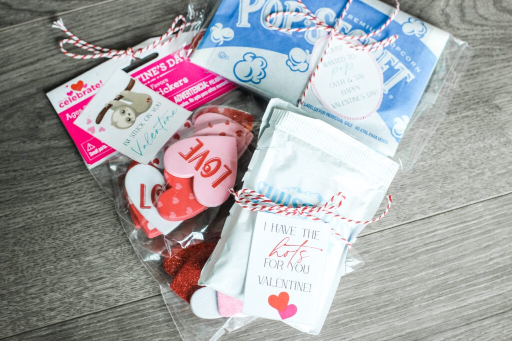 Photo of valentine's gifts for day 6,7, and 8 Stickers, Pop corn, and Hot Chocolate. 