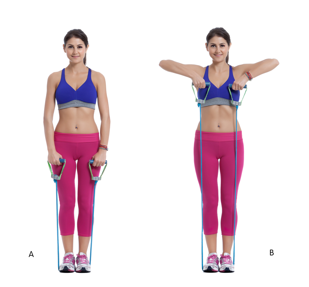 Step by step instructions: Place the resistance band under your heels. Stand up straight with your feet slightly apart. (A) Bend your elbows out to your sides as you pull the cables up toward your chest. (B)