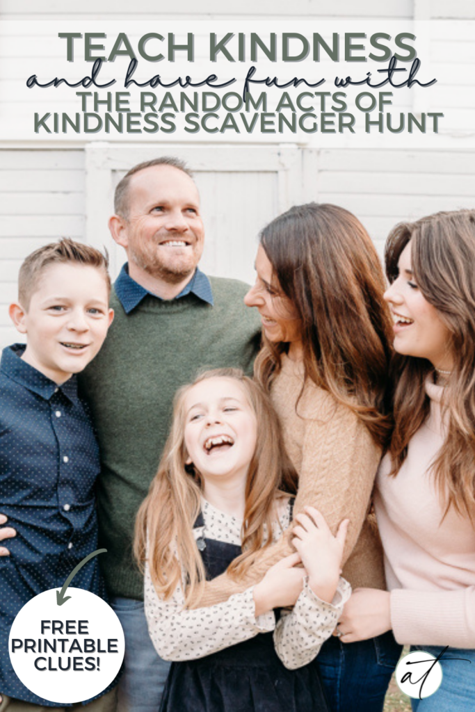 Photo of Andie and her family happy and hugging. Learning how to be kind starts at home, this kindness scavenger hunt is a great place to start. 