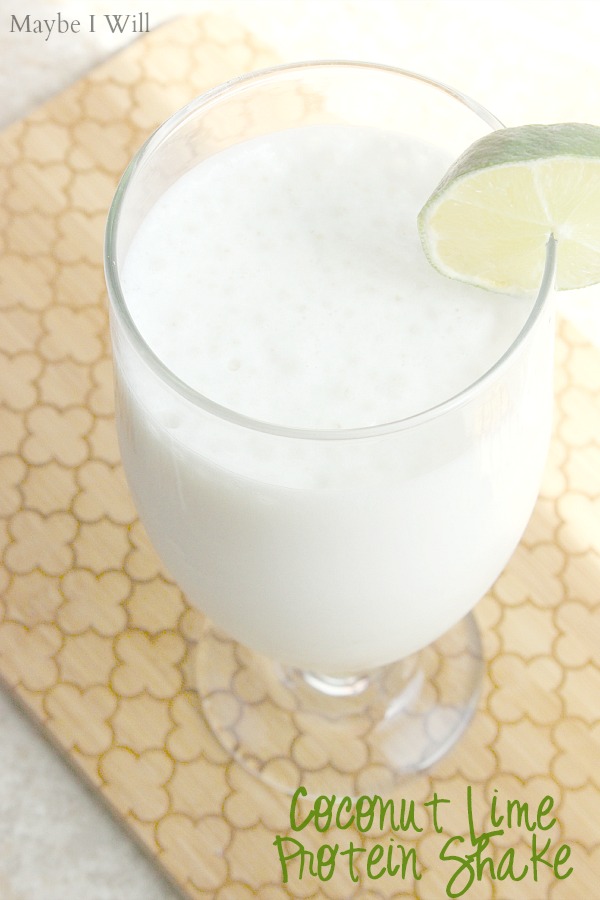Coconut Lime Protein Shake - photo of tropical protein shake with slice of fresh lime 