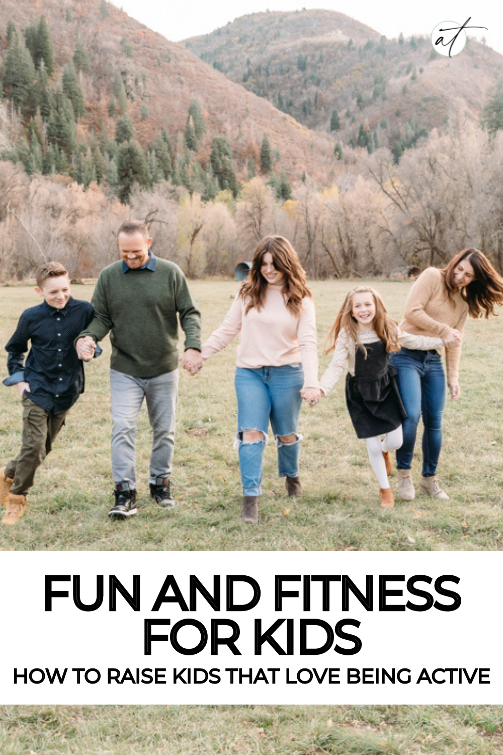 Image of Andie and her family running and playing together in an open field they are all about fun and fitness for kids!