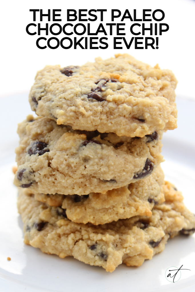 Paleo Chocolate Chip Cookies stacked on a white plate. Photo is a close up so you can see the texture and the chocolate chips. 