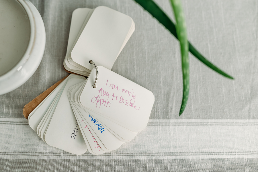 I am statements, index cards with sleep affirmations to read before bed.