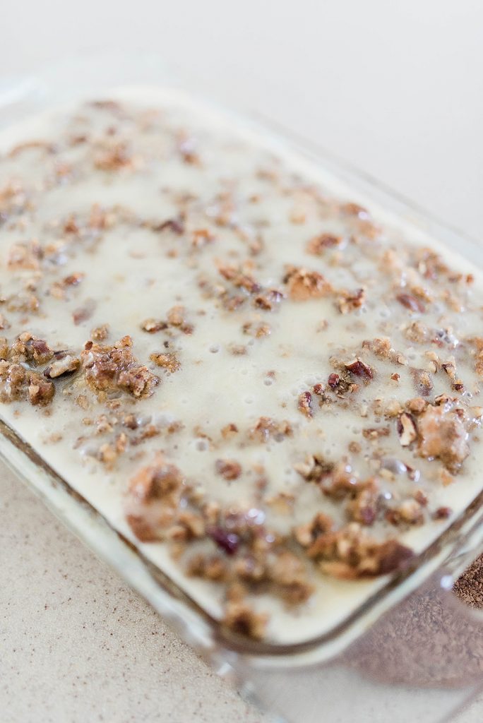 A close up of the baking dishing with completed old fashioned bread pudding recipe.