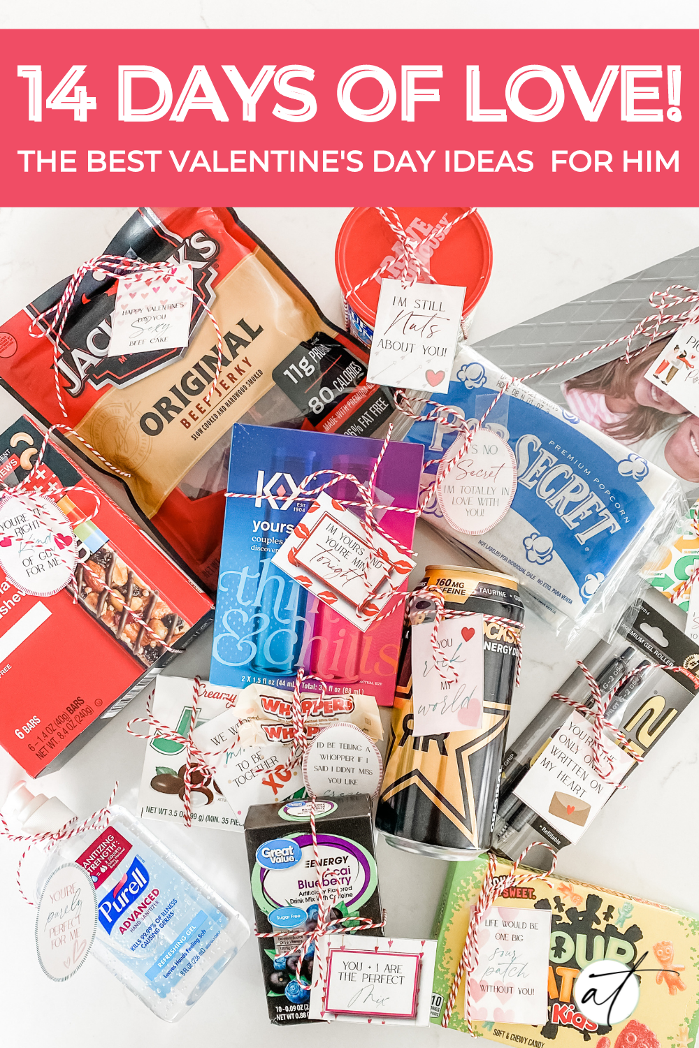 Photo of the 14 days of Love gift ideas for him, all laid out with the FREE printable tags attached! 