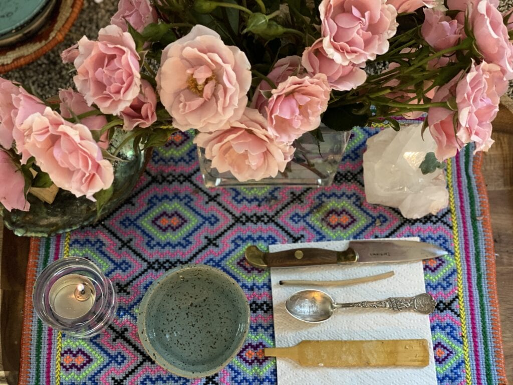 Close up of tools used during a Kambo ceremony.