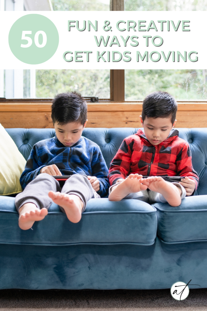 Image of two little boys sitting on a couch eyed glued on their ipods. Outside the sun is shining a perfect day for kids to get moving 