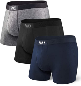 SAXX mens underwear with ballpark pouch to help support him a bit more and help prevent chaffing. 