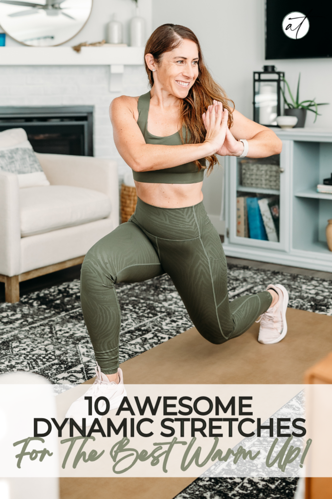 Photo of Andie in matching olive green sports bra and leggings doing a lunge and twist one of 10 awesome dynamic stretches to help you warm up your body properly