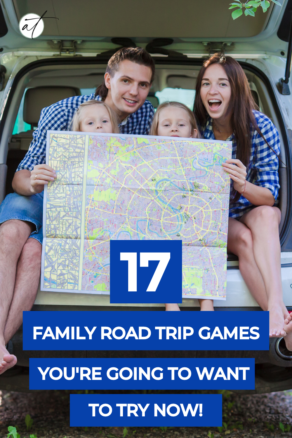 Family in car enjoying family road trip games. They seem cozy and happy together.