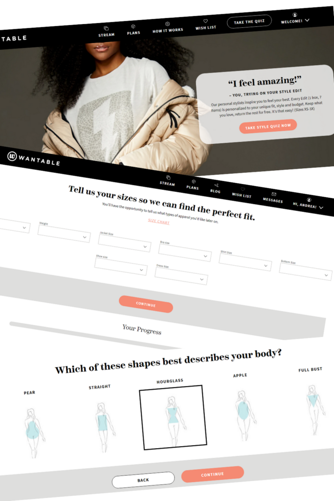 Image of Wantable Review style quiz screen shots.