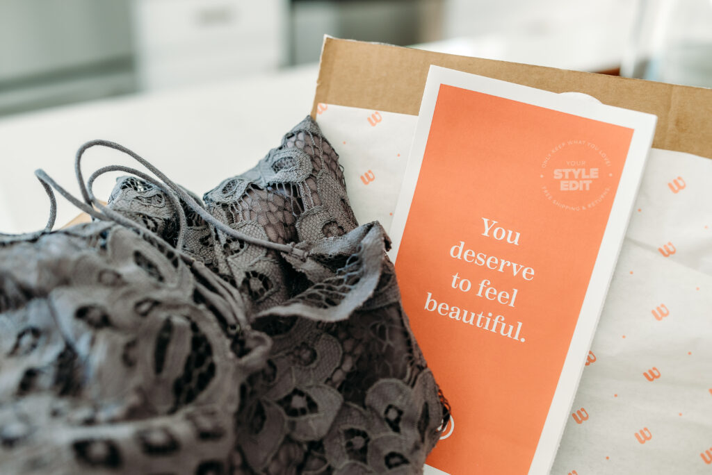 Photo of the inside of a Wantable subscription box, and personalized note you can expect from your assigned stylist.