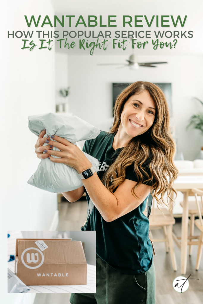 Photo of Andie in Wantable outfit black t-shirt and olive green shorts. Andie is holding a Wantable return bag, showing how easy it is to return unwanted items to Wantable.