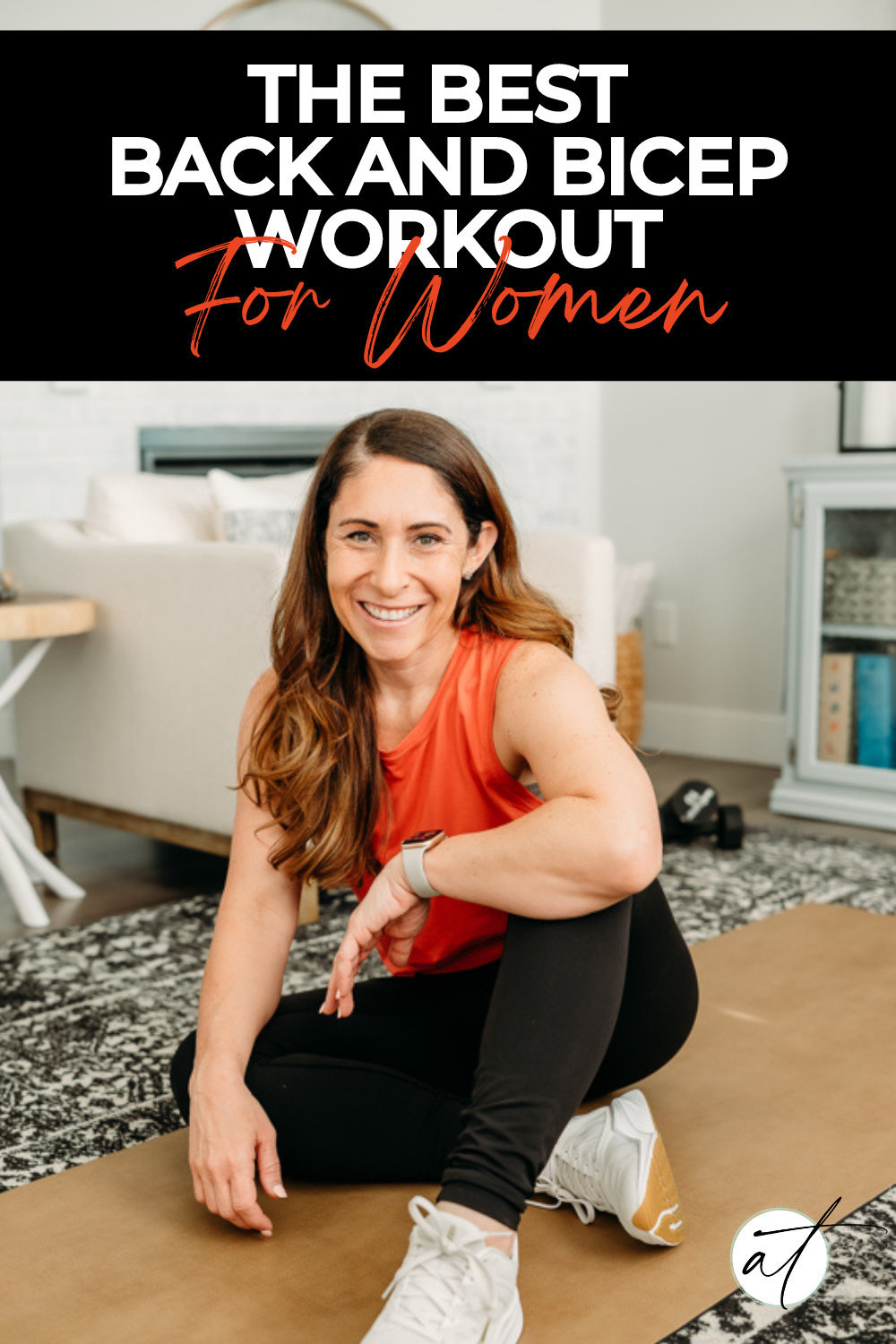 Photo of Andie on Yoga Mat ready to complete the back and bicep workout for women! 