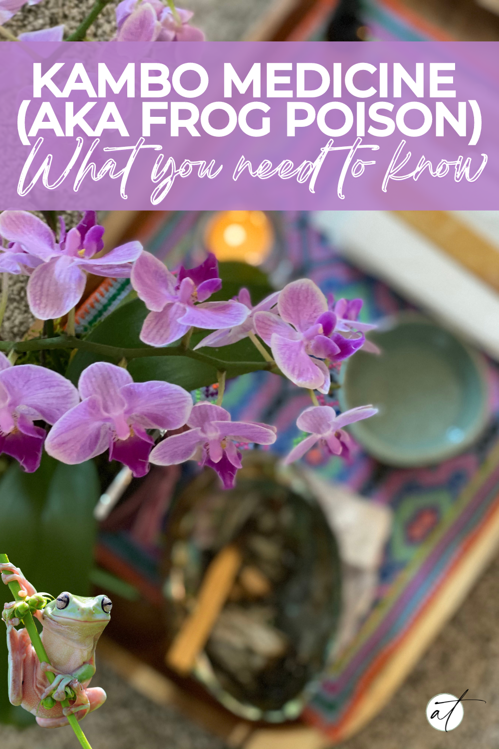 Photo of Kambo Medicine Ceremonial Set up. Kambo secretion stick, burn stick and fresh flowers (gorgeous purple orchids)
