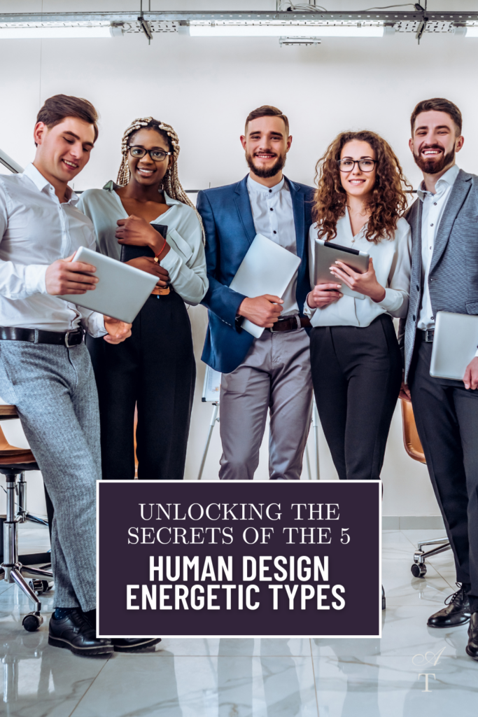 Photo of five people in casual business clothing, working together in a office environment - representing the five Human Design Energetic Types. 