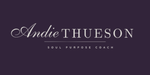Andie Thueson's logo - beautiful deep purple with her signature and the wording soul purpose coach.