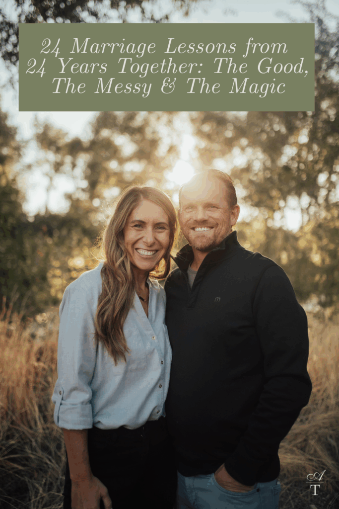 Photo of Andie and her husband of 24 years Kelly. They are wearing coordinating colors of grey and black. The words "24 Marriage Lessons from 
24 Years Together: The Good, The Messy & The Magic" are transposed over the image. 