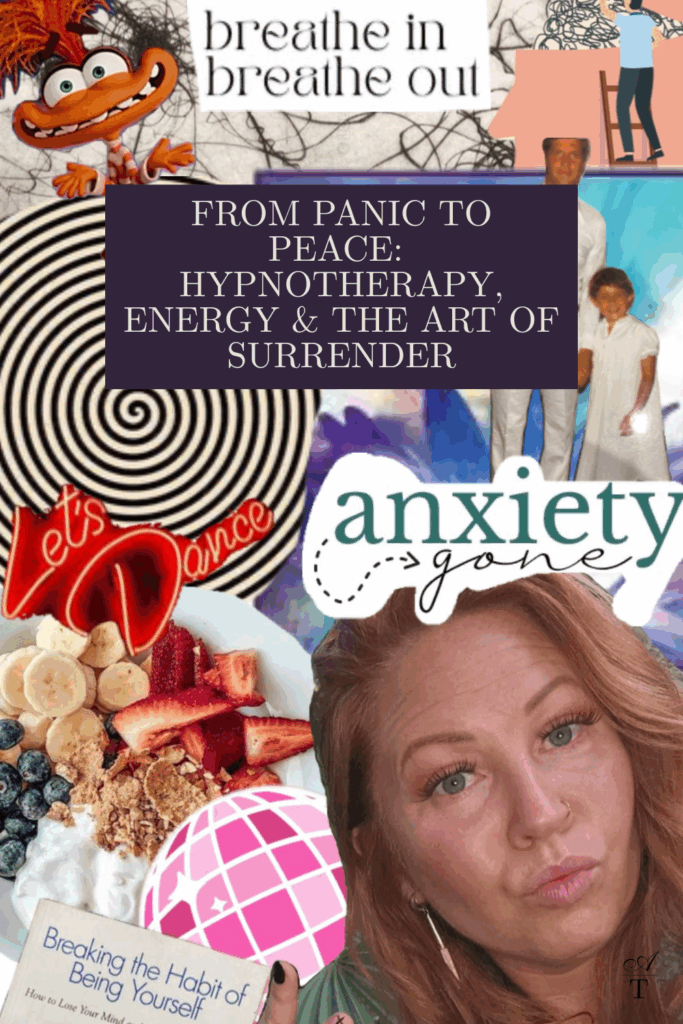 Photo image collage of anxiety and panic sprinkled with elements typing to  hypnotherapy, peace and healing. 