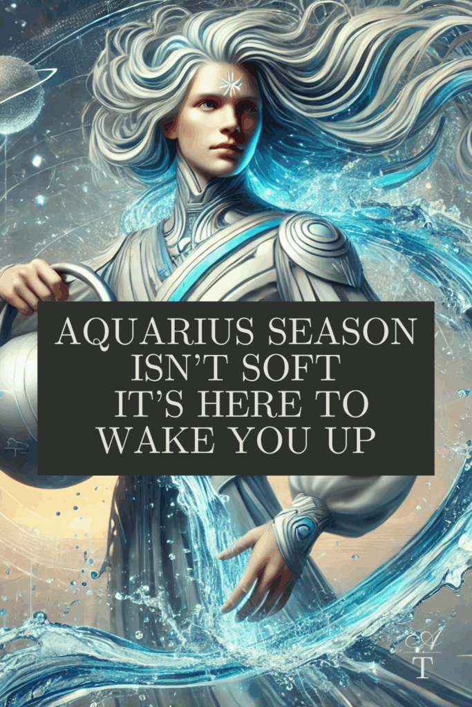 An image of Aquarian energy created by Ai it is the embodied version of the water carrier. With strong cosmic energy. The words Aquarius Season isn't soft, it's here to wake up is written on the image.